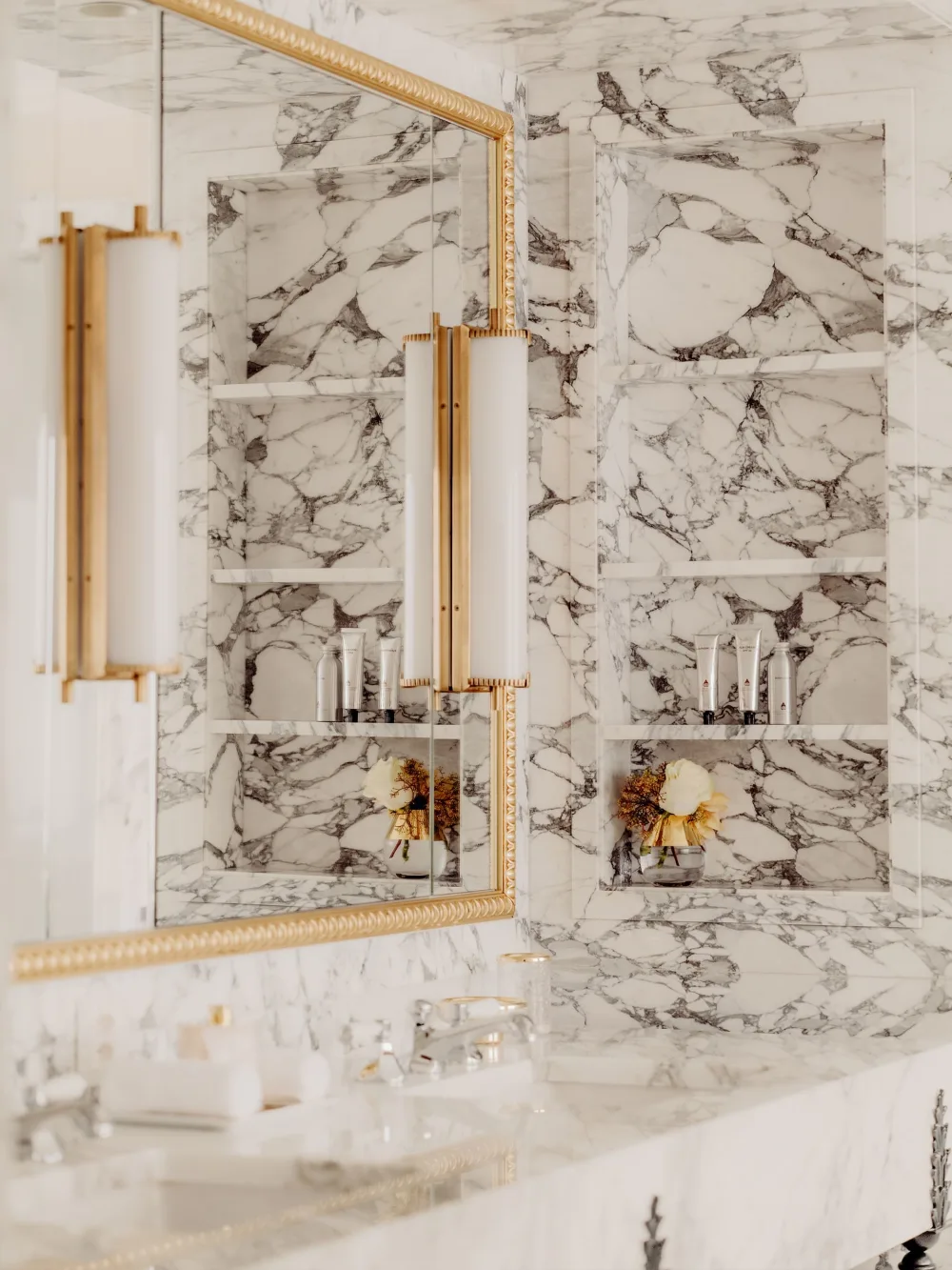 Superior Double Room, Village Side — marble bathroom with gold-framed mirror